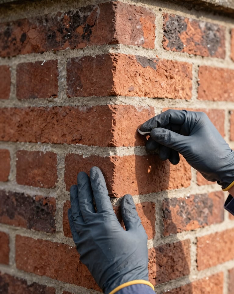 Close-up of a technician's hands in clean gloves, meticulously inspecting a historic brick masonry joint on a chimney, bright natural daylight, sharp focus.