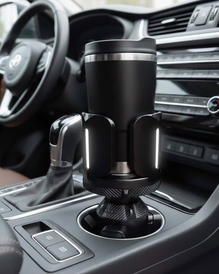 Insulated travel mug secured in a car cup holder for spill free drinks while driving