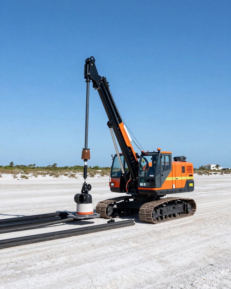 Wide panoramic view of a directional boring rig operating in a South Florida coastal landscape, bright direct sunlight, high-contrast safety orange accents, sharp focus, 35mm lens, with clean utility conduits visible.