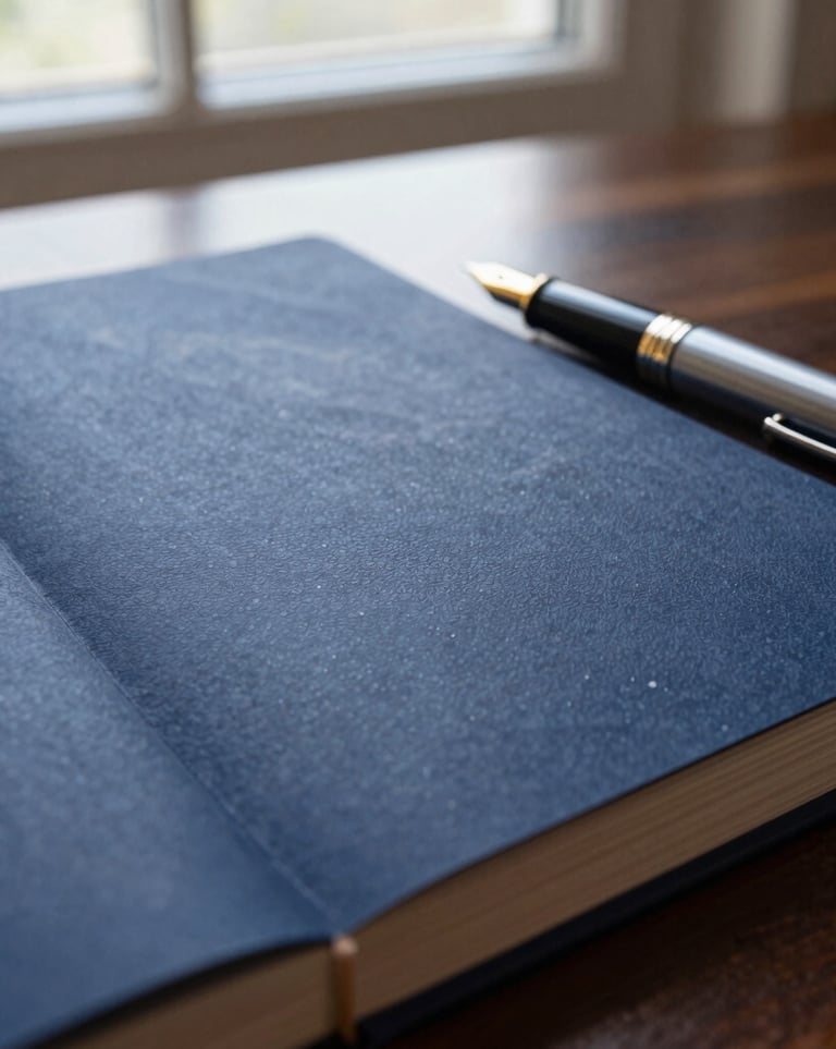 Macro close-up of a high-quality tactile paper ledger and a classic fountain pen resting on a dark wood desk under soft, natural window light