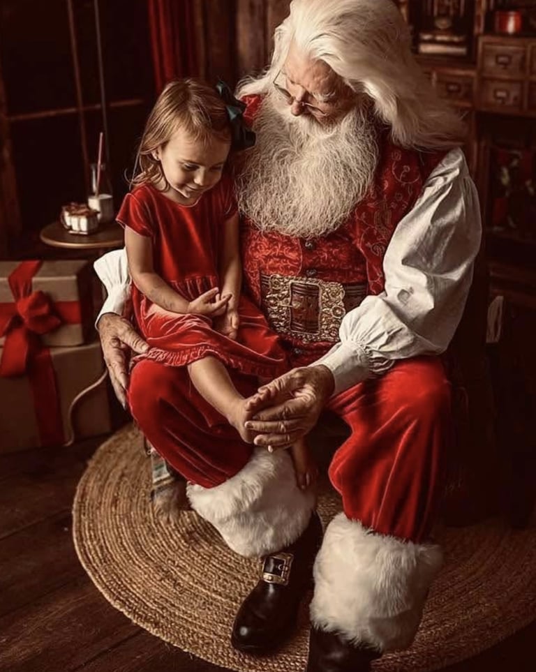 A vintage Santa Claus in a red suit sitting with a young girl in a velvet dress for Christmas photos.