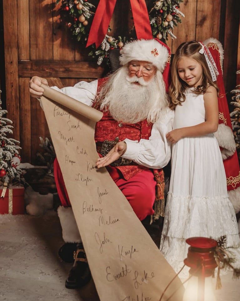 Santa Claus reading his long list of names to a little girl in a white dress by a Christmas tree.