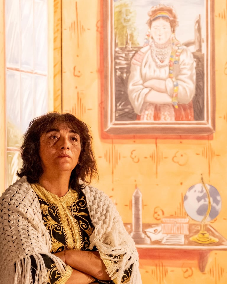 Actress looking off camera to the right with a picture on the wall in exactly the same pose