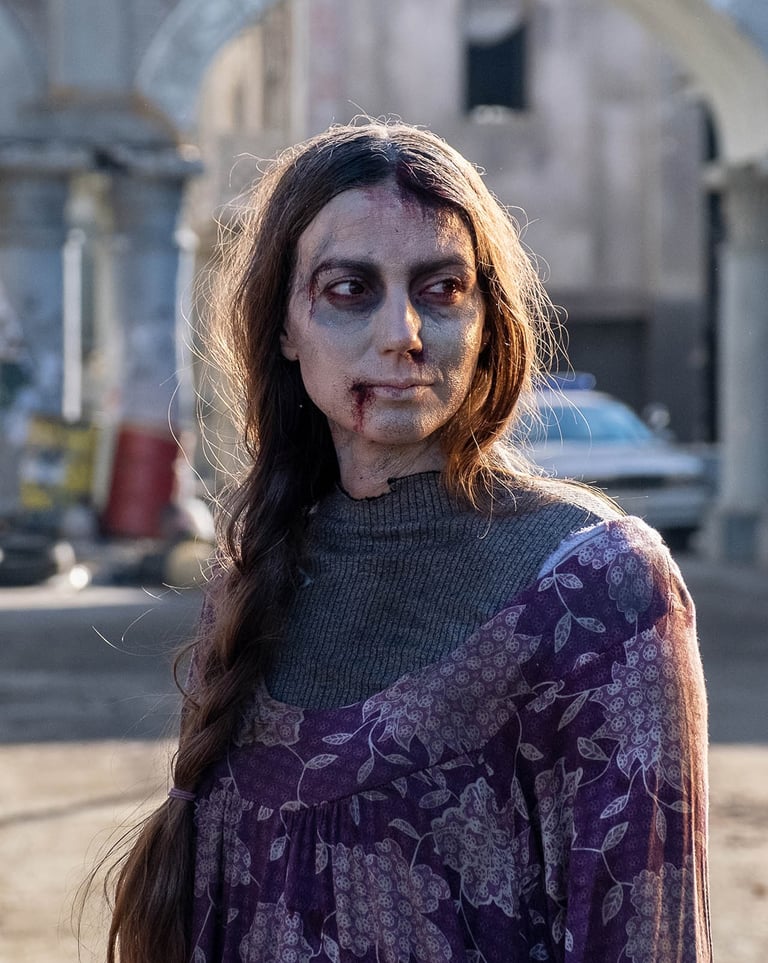 Actress in zombie clothing and make up looking off camera to the right
