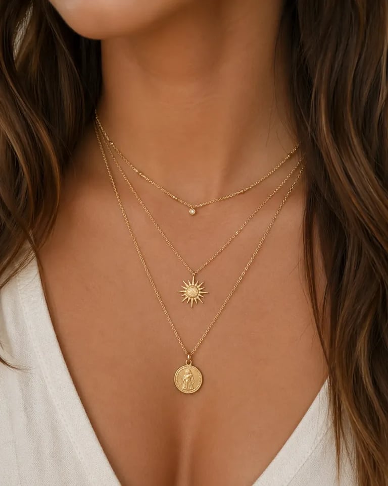 Layered gold necklace set featuring a sunburst pendant and a vintage coin charm on a woman.