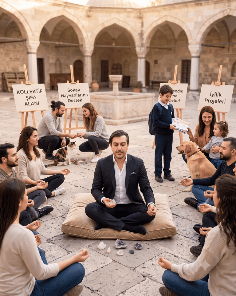 A group of people practicing meditation and mindfulness in a historic stone courtyard with signs supporting social projects.
