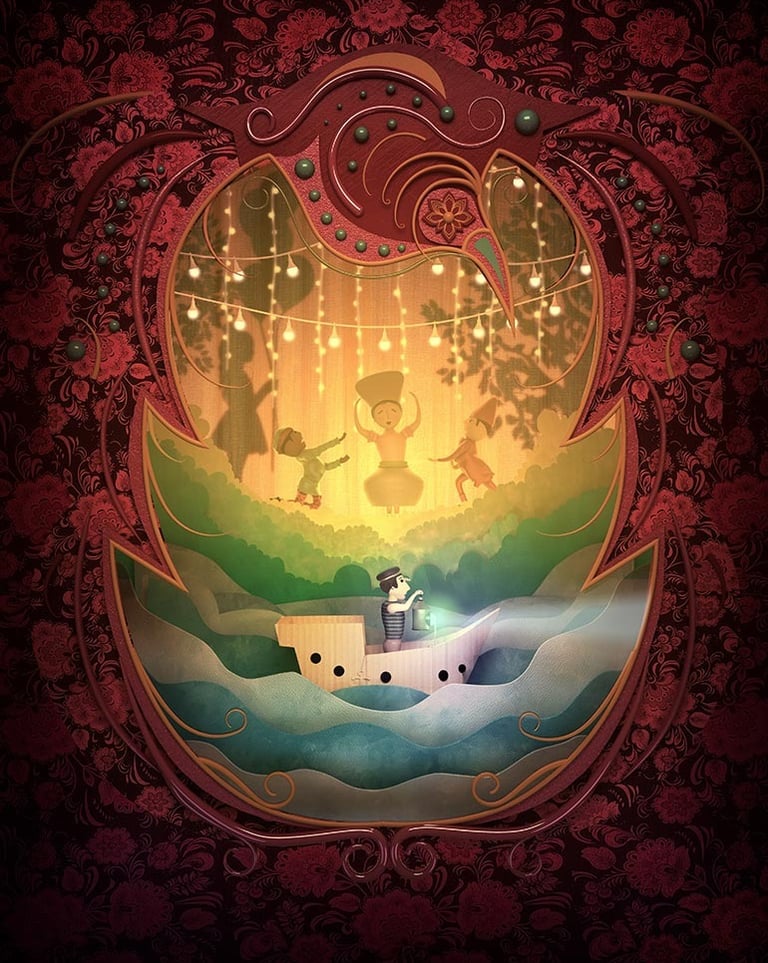 a boat with a man on it and a boat in the water