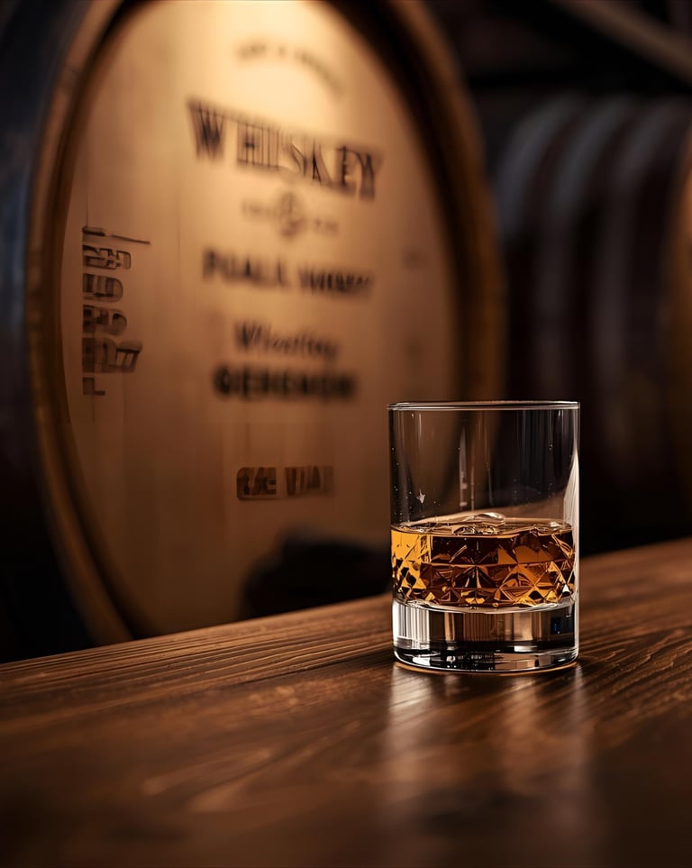 a glass of whiskey on a wooden table