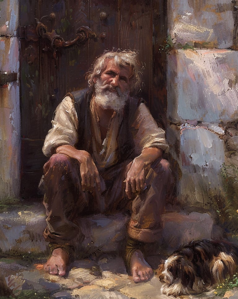 A painting of a man sitting on a stone stepstone