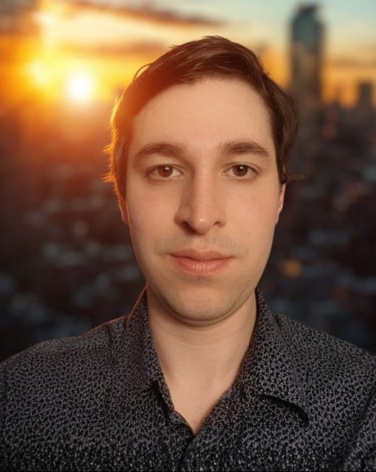 Professional portrait of a man in a collared shirt with a golden hour city sunset background.
