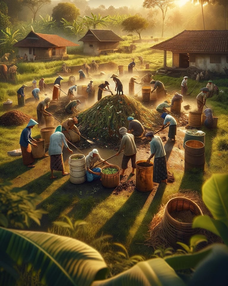 Suasana Petani sedang gotong royong mengolah pupuk