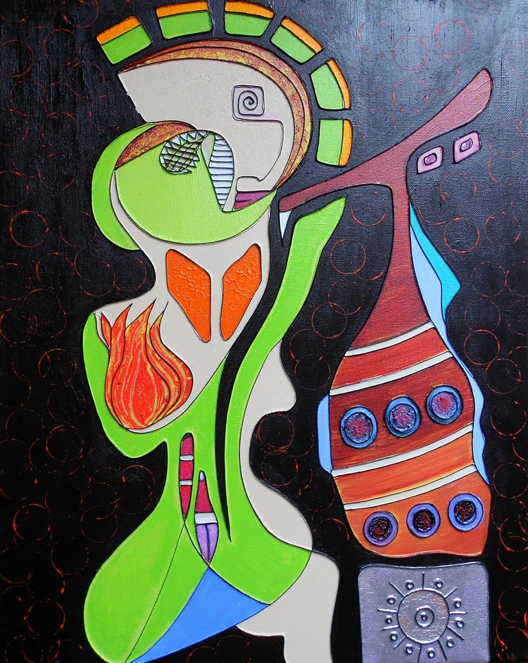 Replica, abstracted femininity using vibrant coloured shapes of a women with child., by Kristina Lee
