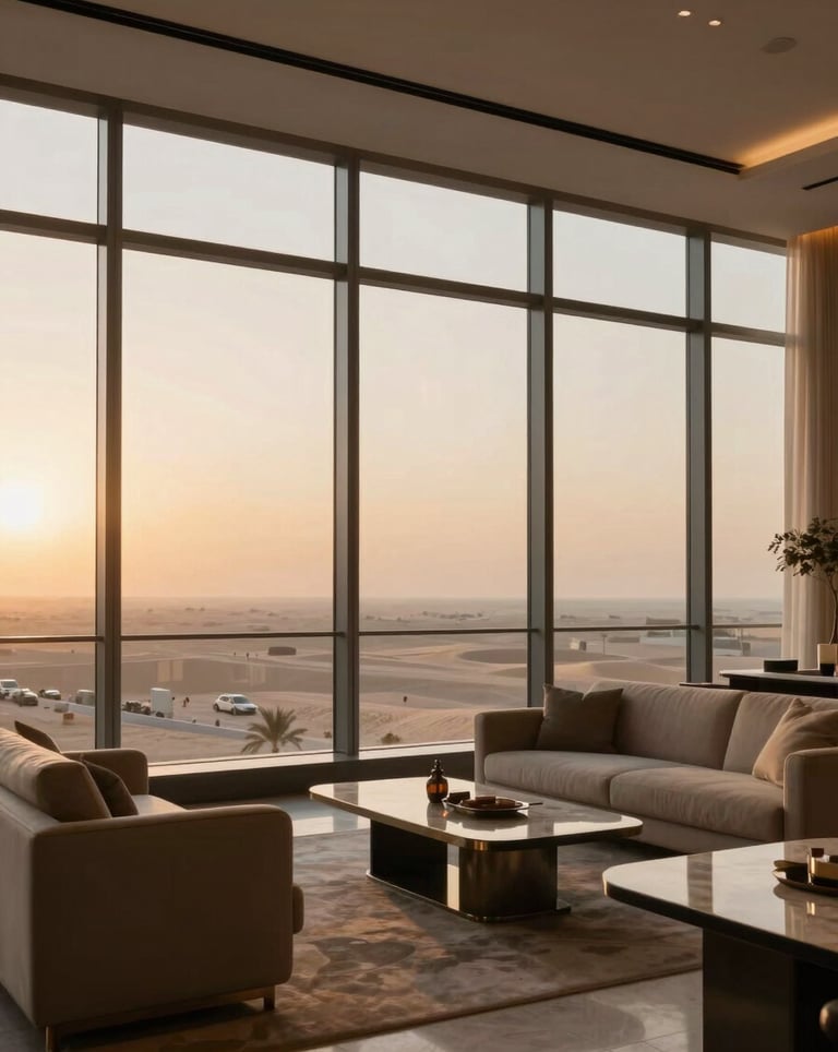 A wide-angle, editorial shot of a luxury lounge in a Dubai penthouse. Floor-to-ceiling windows showing a hazy desert horizon at sunset. Warm lighting.