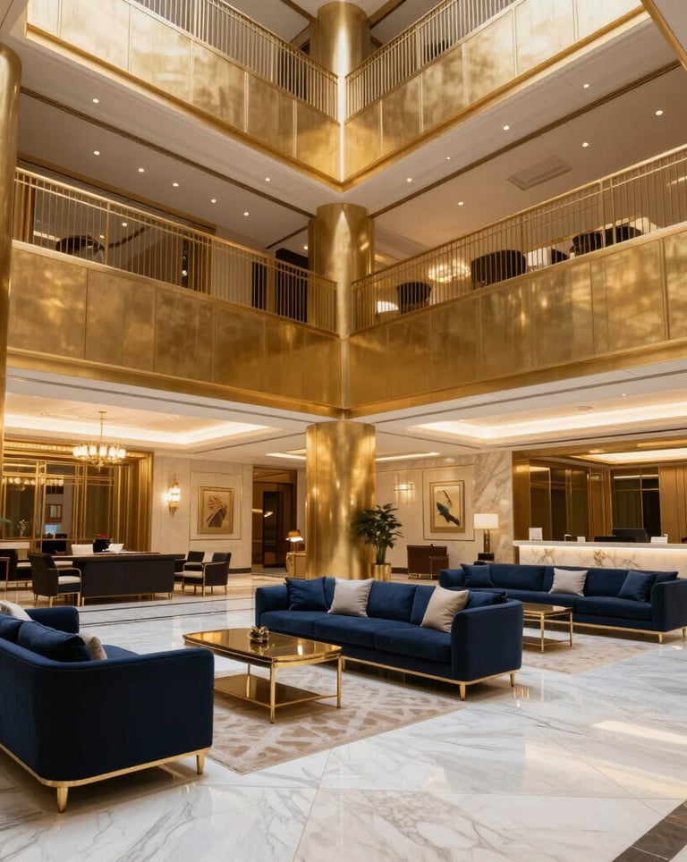 A wide photography shot of a luxury hotel lobby in Dubai featuring gold architectural elements, white marble floors, and sophisticated navy blue furniture. Middle Eastern / Gulf luxury style.