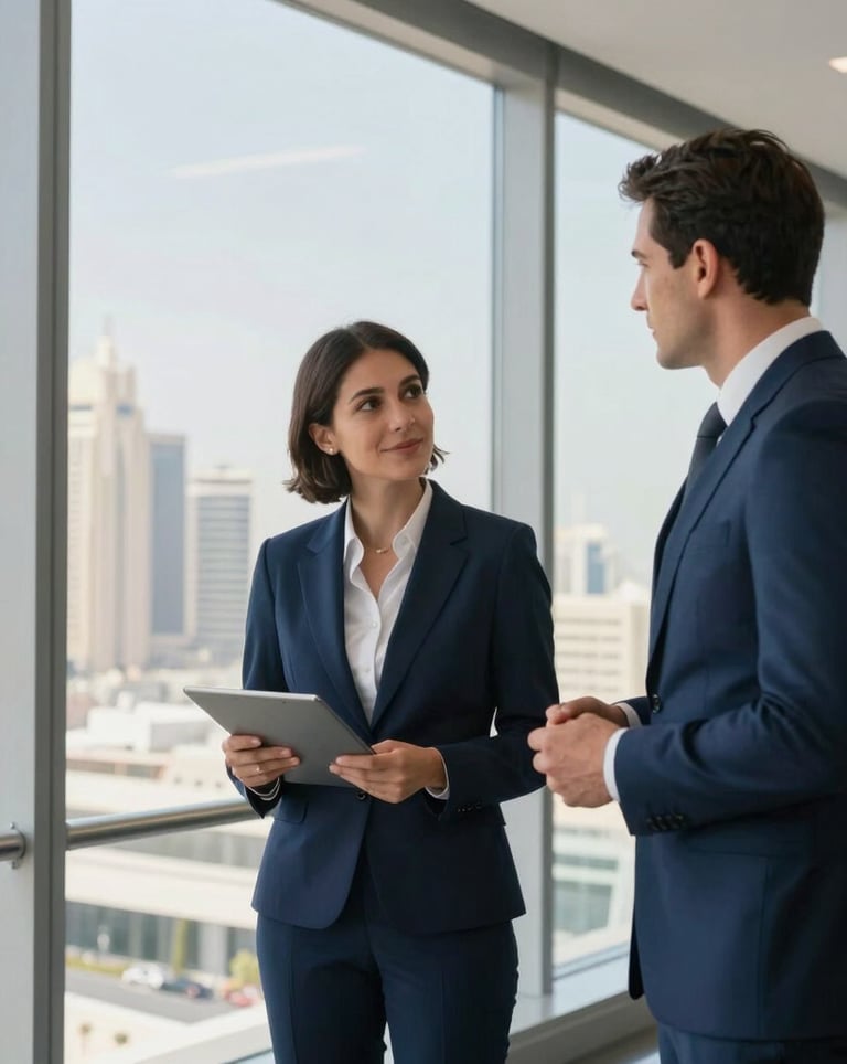 Two professionals in corporate navy blue attire discussing business in a high-rise office with glass windows overlooking a Middle Eastern / Gulf cityscape. The lighting is bright and prestigious.