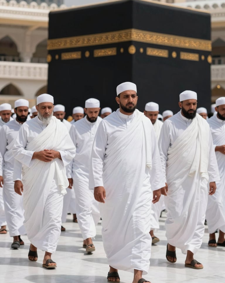 A photography of a group of International / Global Muslim pilgrims walking together in unity near the Kaaba, dressed in white Ihram. The composition emphasizes dignity and spiritual aspiration, with soft focus on the marble architecture.