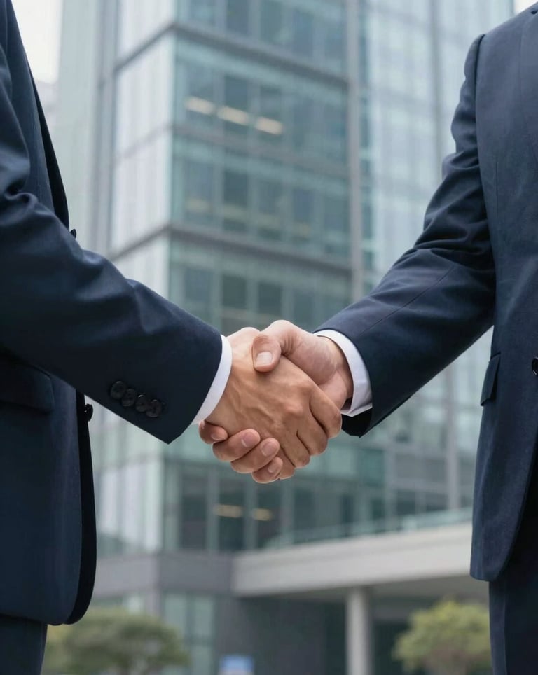 A symbolic photograph of a firm handshake between two business partners, one in a professional suit and another in smart-casual attire, set against a blurred background of a modern glass office building.
