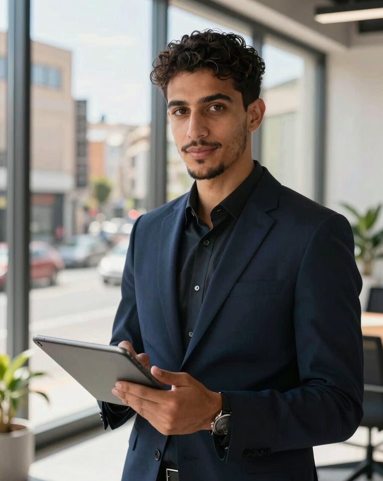 A professional portrait of a young Algerian entrepreneur in a modern office space, using a tablet. The background shows a vibrant, sunlit city street through large windows. Sharp focus, professional depth of field.