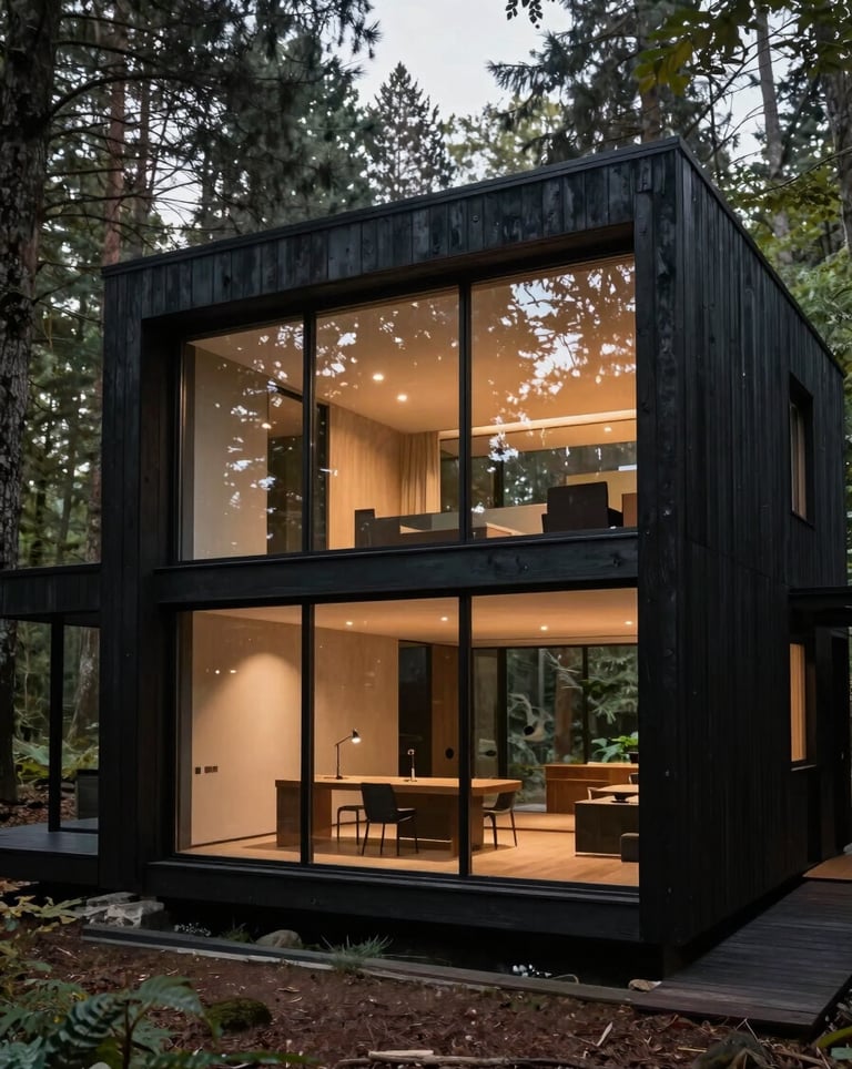 A wide shot of a modernist house nestled in a dark forest. Large floor-to-ceiling glass windows show a warm, minimalist interior. The exterior is charred black wood and glass. Professional architectural photography style, North American / International location.