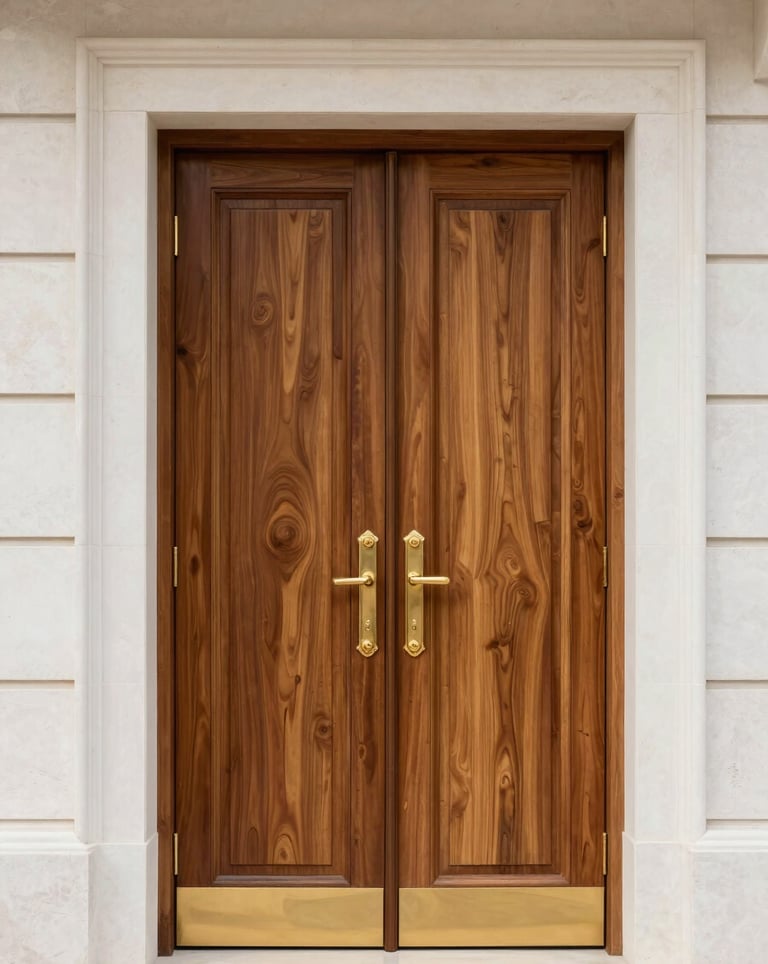 Close-up of a luxury property entrance in Brazil with a massive pivot wood door and gold hardware, set against a clean off-white stone wall.