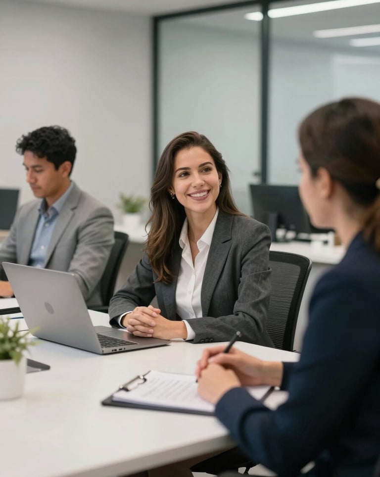 A professional and welcoming scene of real estate consultants in a modern Brazilian office with clean white desks and light gray decor, exuding trust and sophistication.