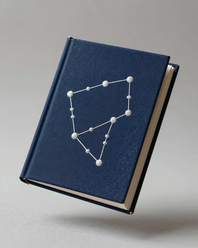 An ethereal photograph of an embroidered book floating against a backdrop of soft light. The embroidery depicts a delicate constellation in silver thread on a deep navy cover. Calm and sophisticated.
