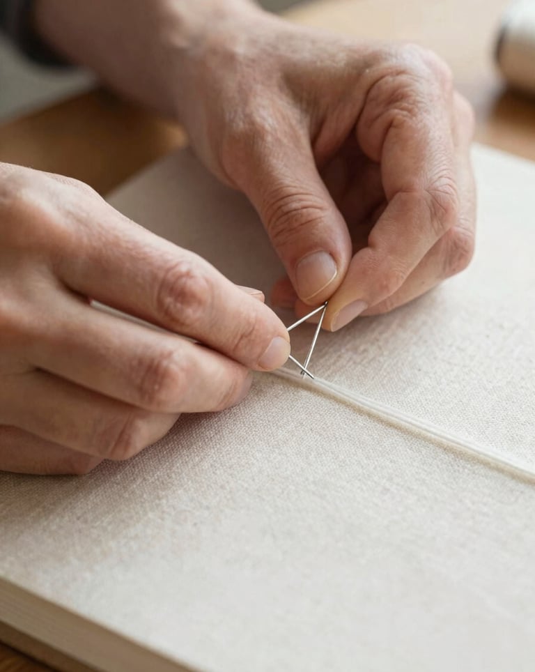 A macro photograph of a craftsman's hands carefully threading a needle through a heavy linen book cover. The scene is calm, featuring natural light and a palette of warm beige and off-white.