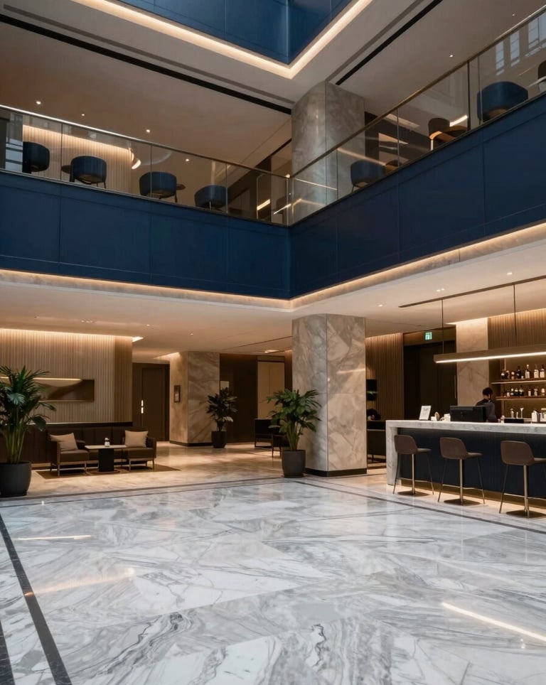 A wide-angle, bright photograph of a modern, upscale North American / NYC hotel lobby with light gray marble floors and dark navy blue decor accents.