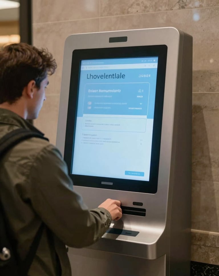 A clean, eye-level photograph of a tourist using an interactive digital kiosk in a sunlit North American / NYC hotel lobby. The kiosk screen glows with a sky blue interface.