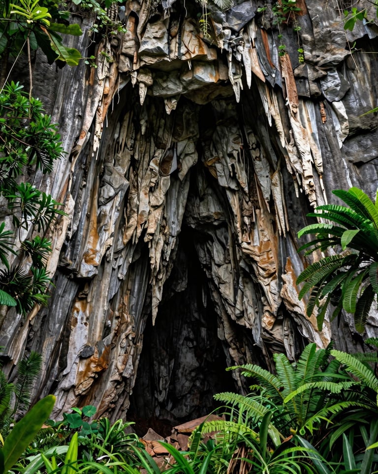 Landscape photography of the entrance to a cave in the Amazonian jungle similar to Cueva de los Tayos, limestone cliffs, dense tropical foliage, South American setting.