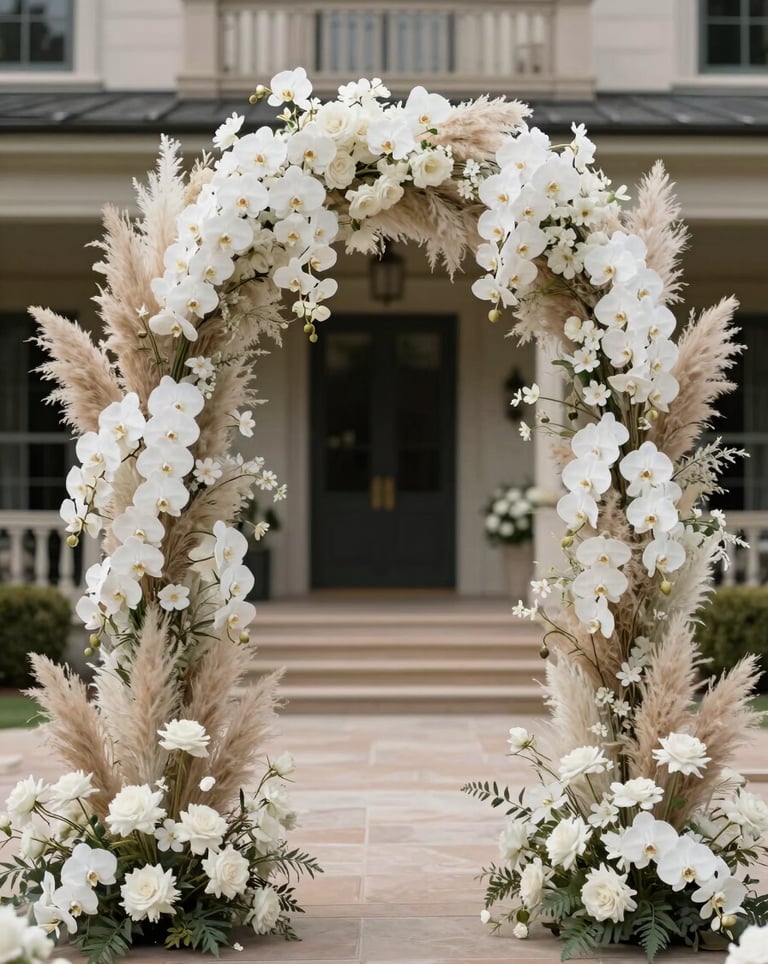 A wide, artistic shot of a luxurious floral installation over a wedding altar. Cascading white orchids and dried pampas grass create a timeless and ethereal arch against a soft-focus background of a classic North American / US estate.