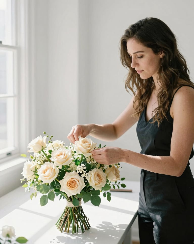A professional wedding designer in a sunlit, white-walled studio, carefully placing a cream-colored rose into a large, sophisticated floral arrangement. The setting is clean and airy, emphasizing a North American / US luxury atelier vibe.
