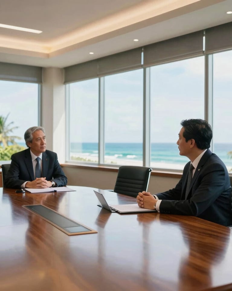 An executive meeting room in Guanacaste, Costa Rica, featuring a polished wooden table and large windows with a view of the Pacific coast. Bright, professional, airy atmosphere with luxury corporate vibes.