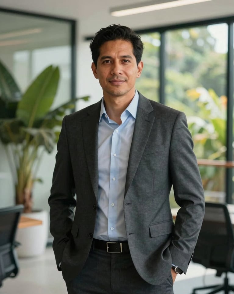 Professional portrait of a male consultant in executive business attire, standing in a contemporary office space in Costa Rica with tropical plants in the background. Natural morning light, trustworthy mood.