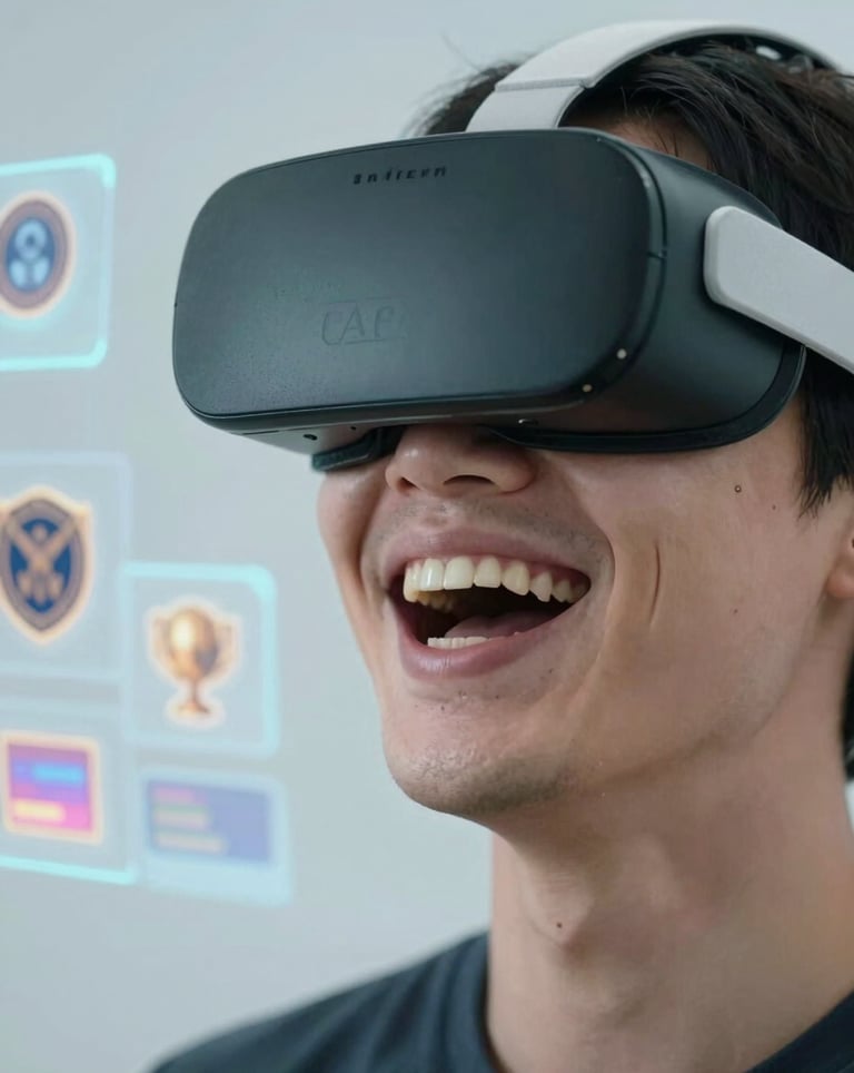 A close-up photograph of a person in the United States laughing while wearing an XR headset, with blurred holographic game elements like badges and trophies floating in the foreground. Professional lighting with light blue tones.