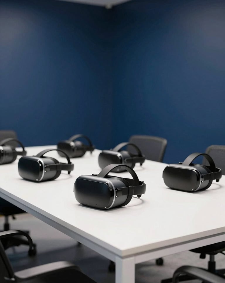 A professional interior photograph of a modern tech office in North America with several VR headsets neatly arranged on a minimalist white table. The walls are a deep navy blue and the room is filled with bright, diffused light.