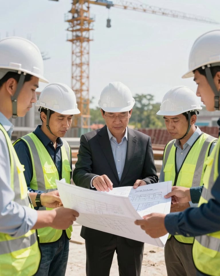 Professional group of Vietnamese engineers in white hard hats discussing plans over a blueprint on a bright, sunny construction site, dynamic and innovative mood.