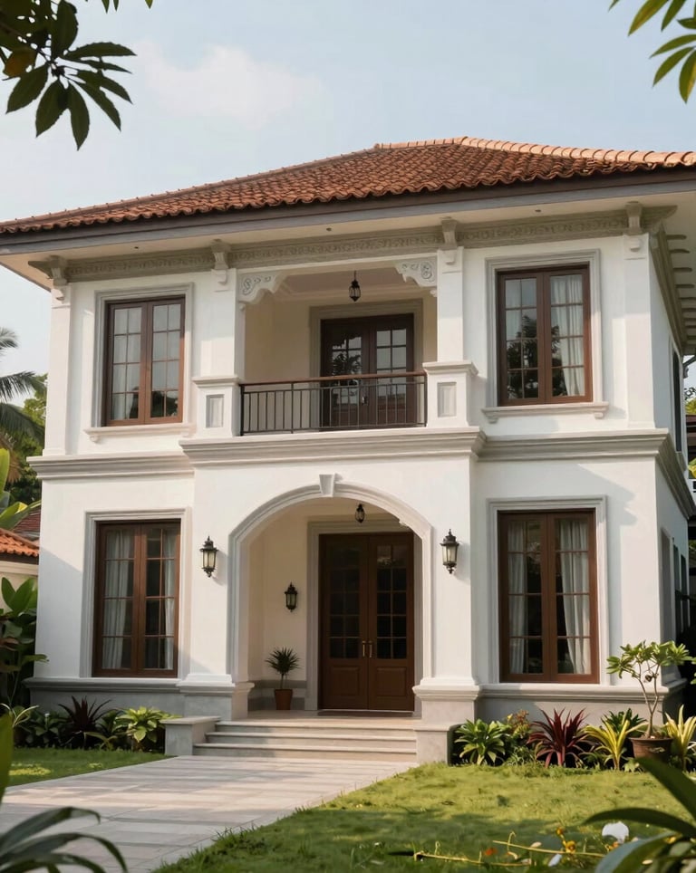 An elegant architectural shot of a modern villa featuring French-inspired design elements, integrated into a lush Southeast Asian / Vietnamese garden environment.
