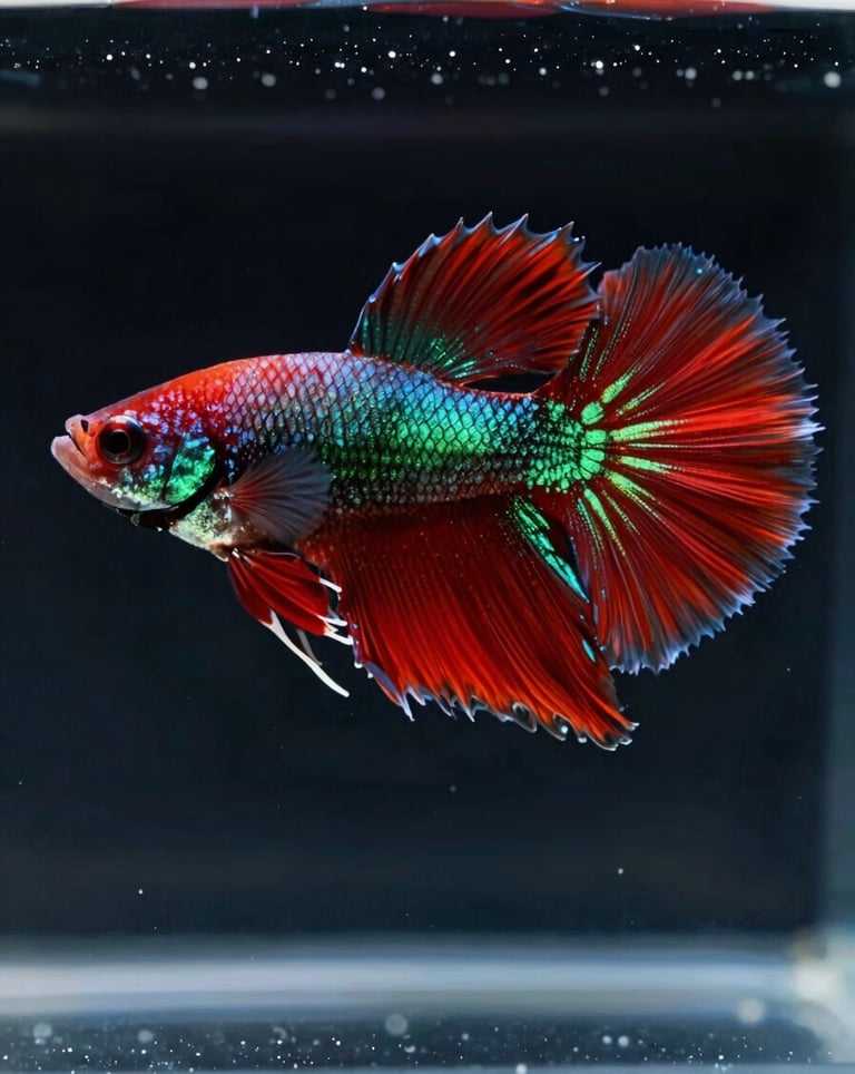 A stunning, professional photograph of a rare, vibrant Betta fish swimming in a crystal clear aquarium, highlighted by dramatic lighting that showcases the deep crimson and forest green tones of its scales.