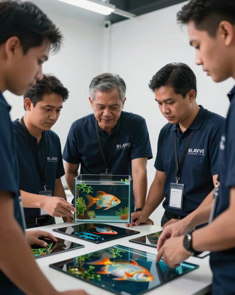 A group of Southeast Asian / Filipino team members collaborating in a bright, modern studio, looking over high-quality photography of ornamental fish for a digital catalog.