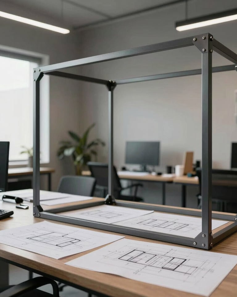 Architectural studio in Brazil with designers working on technical drawings for custom metal structures. Sophisticated, clean office environment with graphite accents.