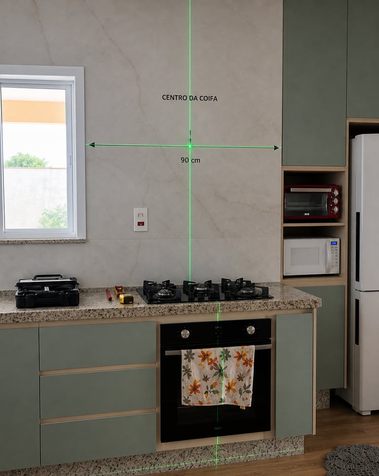 Nível laser verde profissional projetando uma linha cruzada na parede de uma cozinha moderna para in