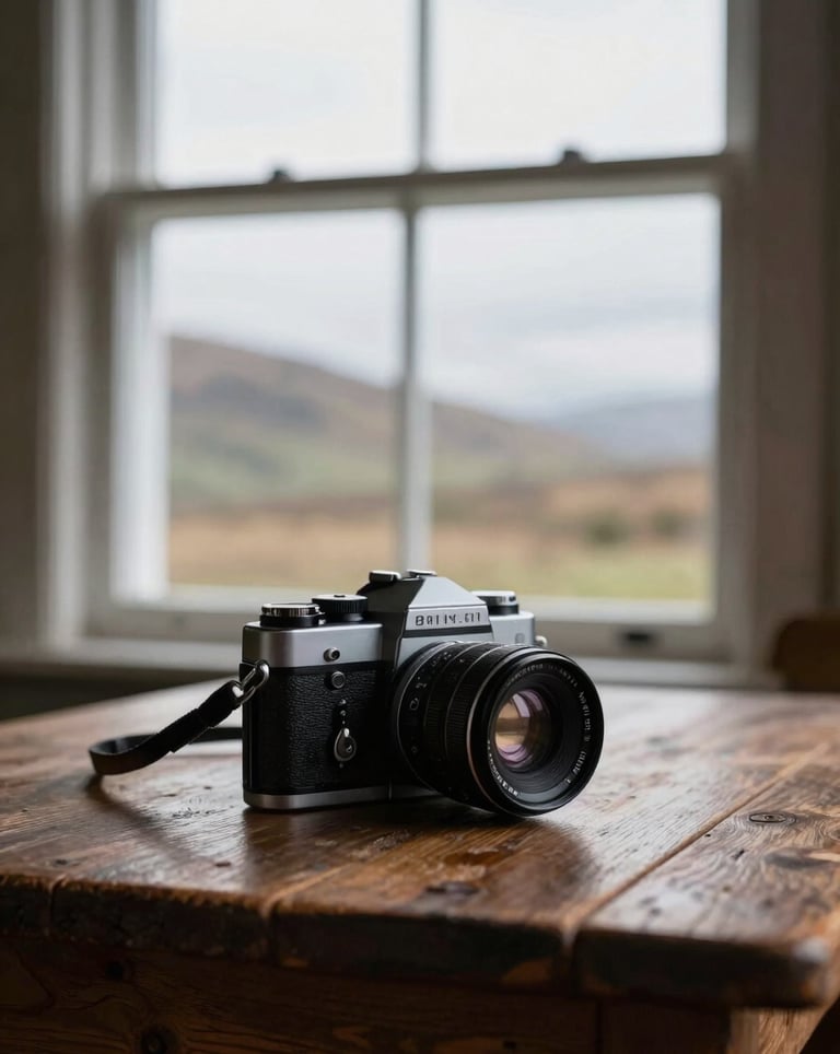 A moody still-life photograph of a vintage cinema camera resting on a rustic wooden table in a Scottish highland lodge, lit by soft cloud white window light.