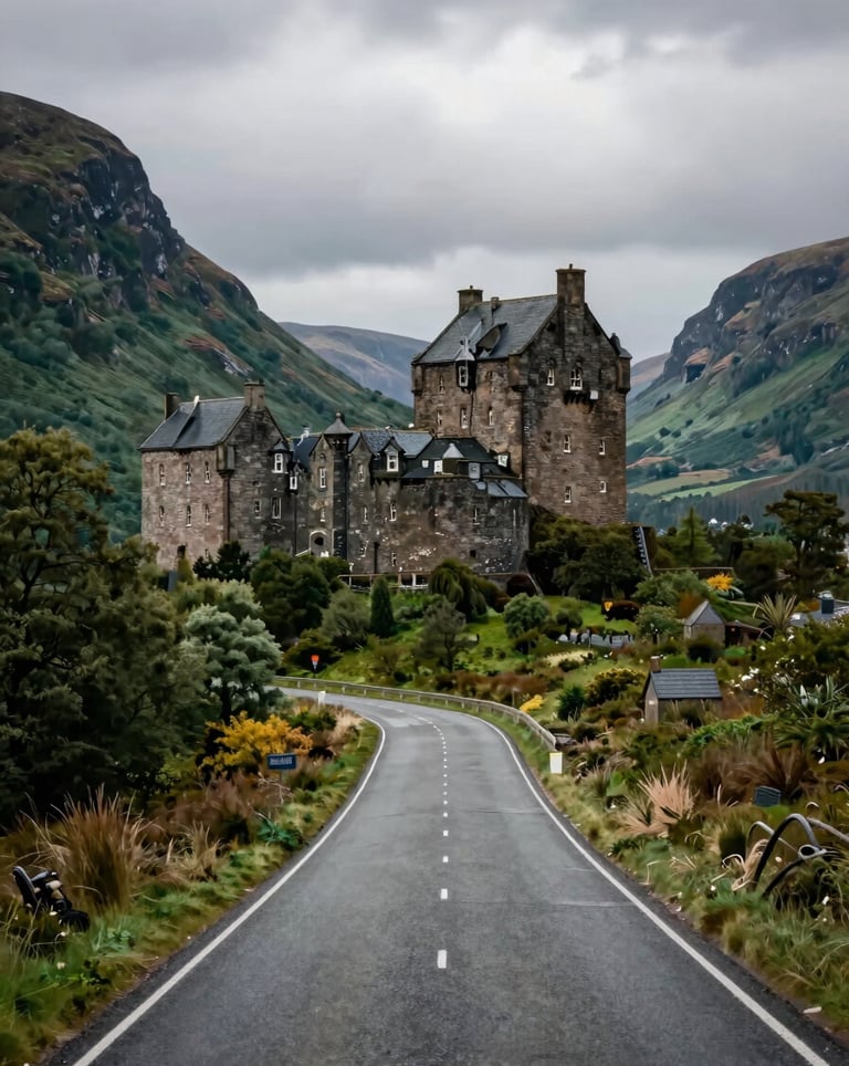 A cinematic wide shot of a winding road leading towards a majestic historic castle in the Scottish Highlands, surrounded by deep forest green hills.