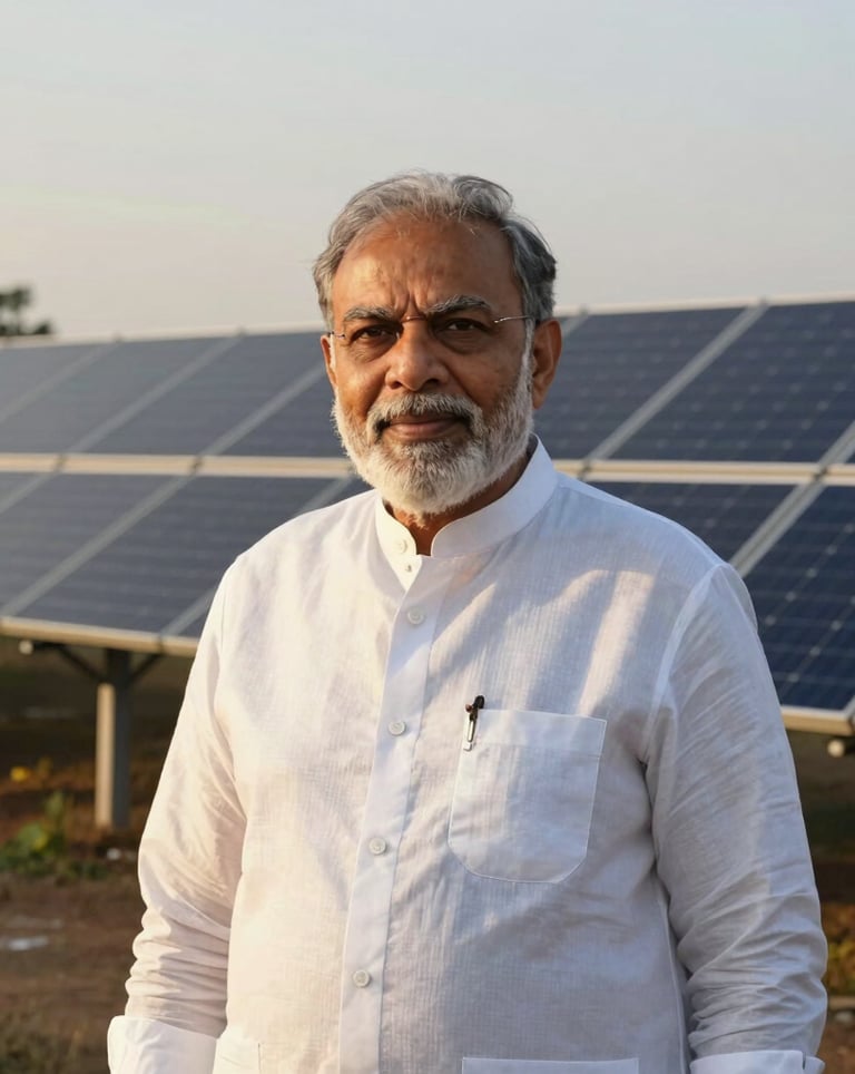 A high-quality photography of a South Asian / Indian leader standing proudly in front of a massive solar farm, representing renewable energy growth. Golden hour lighting.