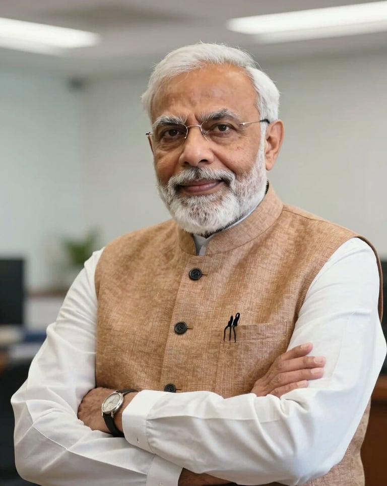A dignified, professional portrait of a South Asian / Indian political leader in a formal setting, representing the green energy mission of Uttarakhand. The background is a clean, modern office with soft lighting.
