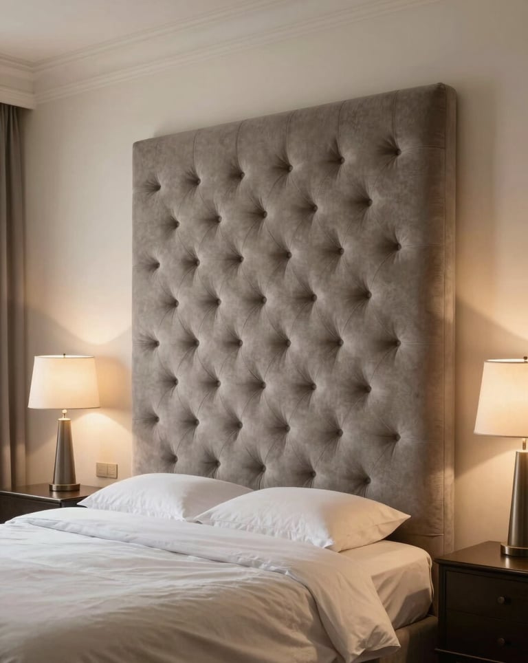 An elegant master bedroom featuring a tall tufted headboard in warm muted grey, creamy off-white walls, and soft ambient lighting from designer lamps. The atmosphere is tranquil and premium.