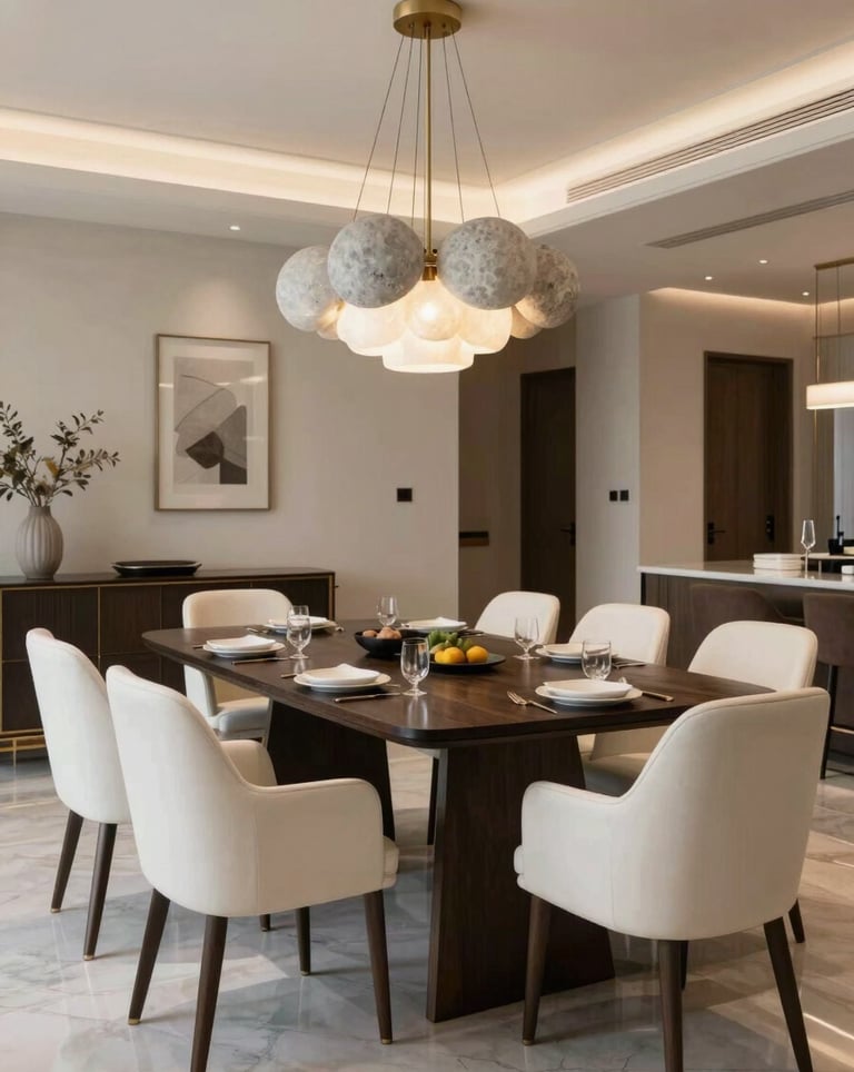 A grand, modern dining room in a high-end Cairo apartment. A long dark espresso dining table is surrounded by chairs in creamy off-white upholstery, under a contemporary chandelier with soft stone grey accents.
