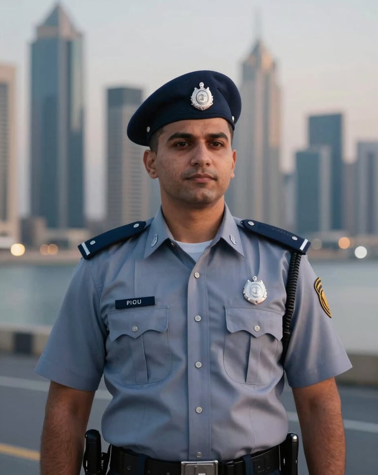 A portrait of a Dubai Police officer in a formal dress uniform, standing with pride against the backdrop of a modern skyline at dusk. Professional and authoritative lighting with #0A1128 and #B28F5D color motifs.