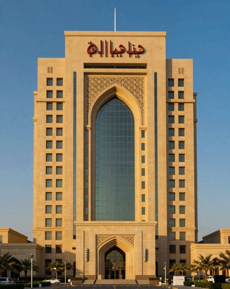 A wide-angle shot of the Dubai Police Headquarters, a magnificent architectural feat reflecting the golden desert sun #B28F5D and the deep blue #0A1128 of the sky. Symmetrical and prestigious composition.